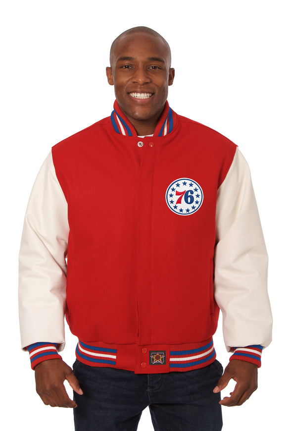 Philadelphia 76ers Domestic Two-Tone Handmade Wool and Leather Jacket-Red/White - J.H. Sports Jackets