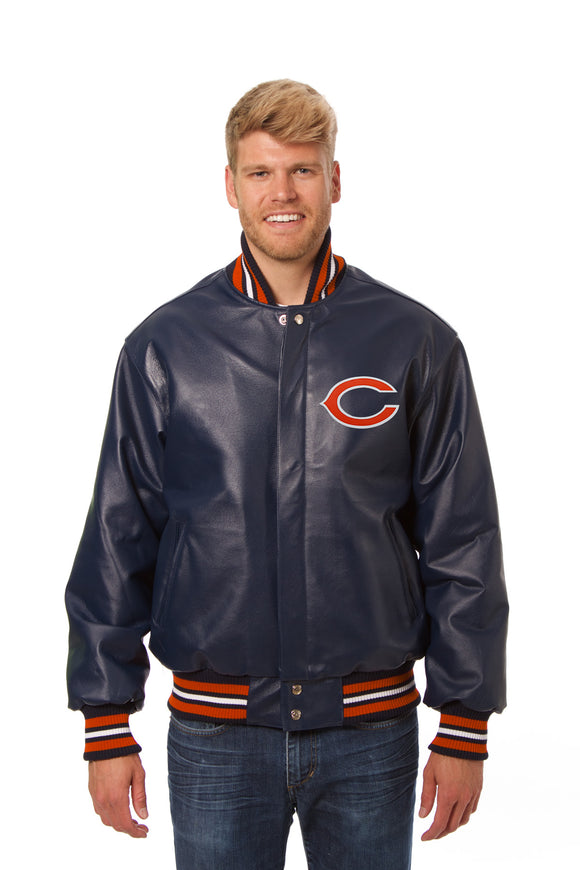 Chicago Bears Handmade Full Leather Snap Jacket - Navy - J.H. Sports Jackets