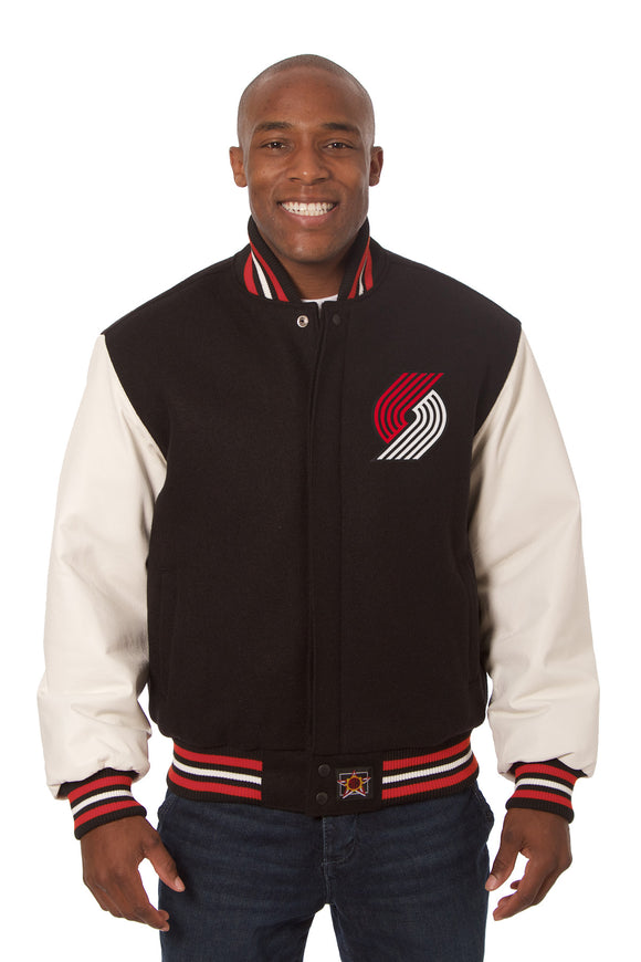 Portland Trail Blazers Domestic Two-Tone Handmade Wool and Leather Jacket-Black/White - J.H. Sports Jackets