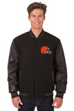 Cleveland Browns Wool & Leather Reversible Jacket w/ Embroidered Logos - Black - J.H. Sports Jackets