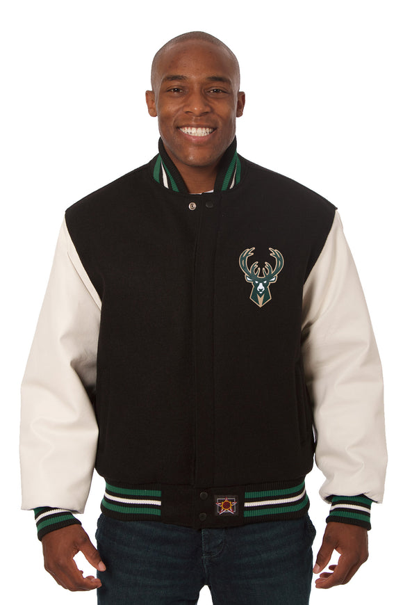 Milwaukee Bucks Domestic Two-Tone Handmade Wool and Leather Jacket-Black/White - J.H. Sports Jackets