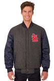 St. Louis Cardinals Wool & Leather Reversible Jacket w/ Embroidered Logos - Charcoal/Navy - J.H. Sports Jackets