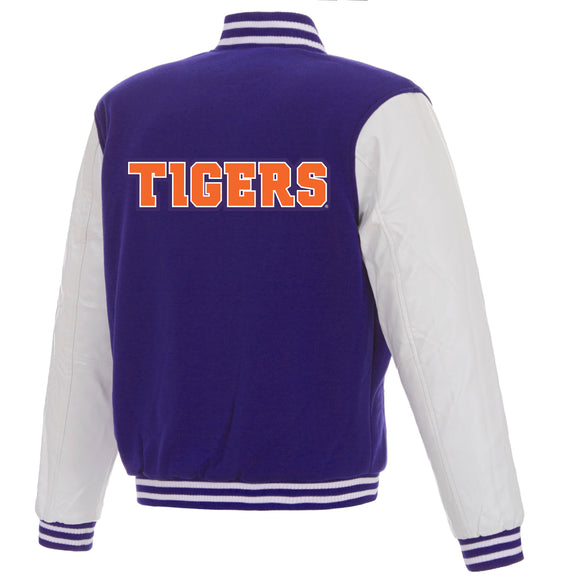 Clemson Tigers - JH Design Reversible Fleece Jacket with Faux Leather Sleeves - Purple/White - J.H. Sports Jackets