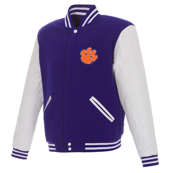 Clemson Tigers - JH Design Reversible Fleece Jacket with Faux Leather Sleeves - Purple/White - J.H. Sports Jackets