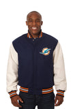 Miami Dolphins Domestic Two-Tone Handmade Wool and Leather Jacket-Navy/White - J.H. Sports Jackets