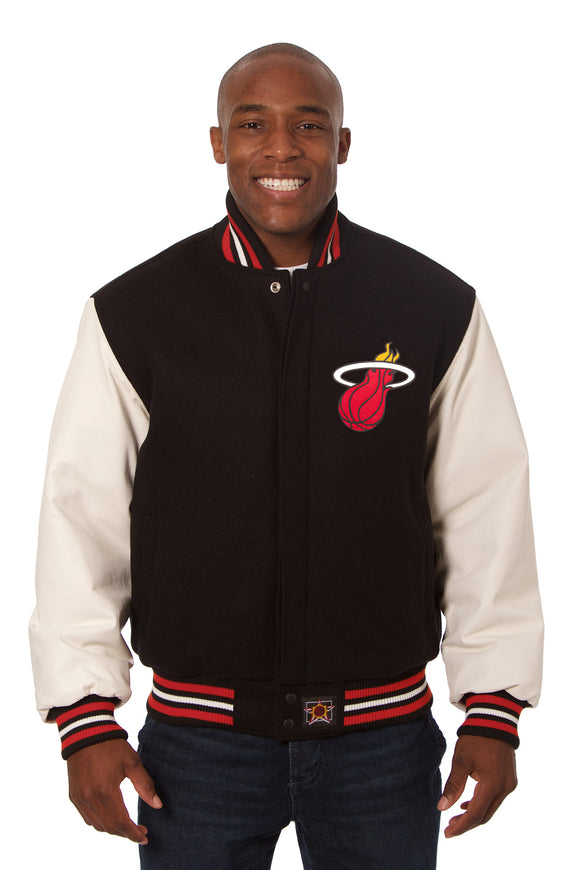 Miami Heat Domestic Two-Tone Handmade Wool and Leather Jacket-Black/White - J.H. Sports Jackets