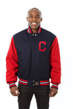 Cleveland Indians Two-Tone Wool Jacket w/ Handcrafted Leather Logos - Navy/Red - J.H. Sports Jackets