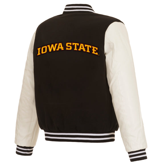Iowa State Cyclones JH Design Reversible Fleece Jacket with Faux Leather Sleeves - Black/White - J.H. Sports Jackets