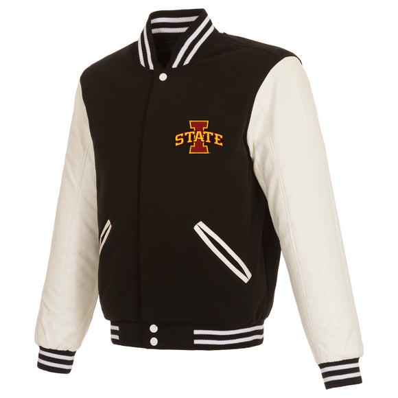 Iowa State Cyclones JH Design Reversible Fleece Jacket with Faux Leather Sleeves - Black/White - J.H. Sports Jackets