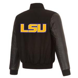 LSU Tigers Wool & Leather Reversible Jacket w/ Embroidered Logos - Black - J.H. Sports Jackets