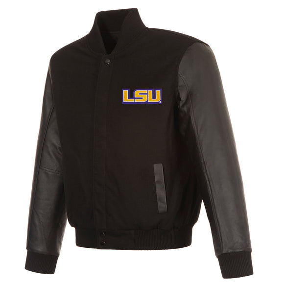 LSU Tigers Wool & Leather Reversible Jacket w/ Embroidered Logos - Black - J.H. Sports Jackets