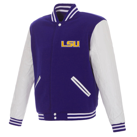 LSU Tigers - JH Design Reversible Fleece Jacket with Faux Leather Sleeves - Purple/White - J.H. Sports Jackets