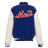New York Mets - JH Design Reversible Fleece Jacket with Faux Leather Sleeves - Royal/White - J.H. Sports Jackets