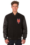 New York Mets Wool & Leather Reversible Jacket w/ Embroidered Logos - Black - J.H. Sports Jackets