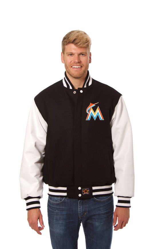 Miami Marlins Domestic Two-Tone Handmade Wool and Leather Jacket-Black/White - J.H. Sports Jackets
