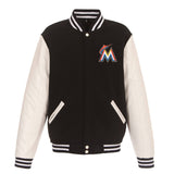 Miami Marlins - JH Design Reversible Fleece Jacket with Faux Leather Sleeves - Black/White - J.H. Sports Jackets