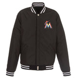 Miami Marlins - JH Design Reversible Fleece Jacket with Faux Leather Sleeves - Black/White - J.H. Sports Jackets