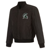 Michigan State Spartans Wool & Leather Reversible Jacket w/ Embroidered Logos - Black - J.H. Sports Jackets
