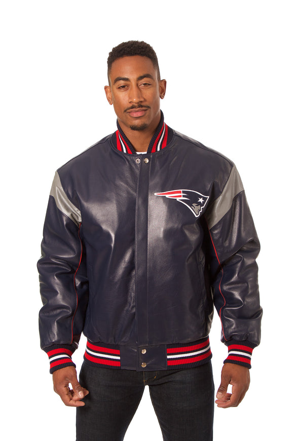 New England Patriots JH Design All Leather Jacket - Navy/Grey - J.H. Sports Jackets
