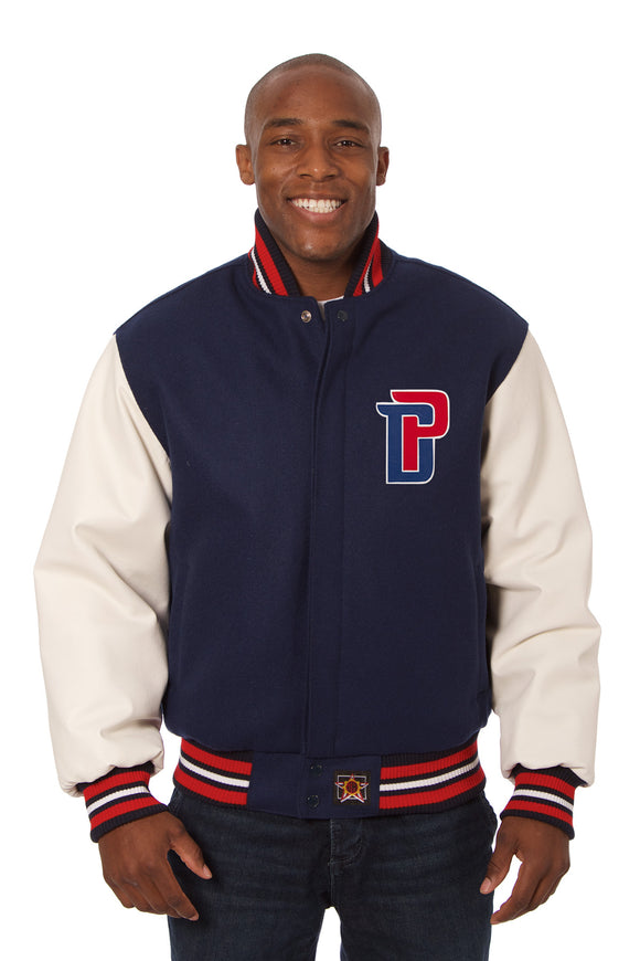 Detroit Pistons Domestic Two-Tone Wool and Leather Jacket-Navy/White - J.H. Sports Jackets