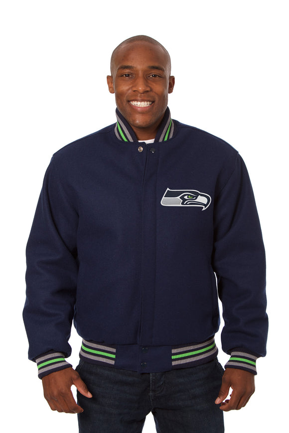 Seattle Seahawks JH Design Wool Handmade Full-Snap Jacket-Navy - J.H. Sports Jackets