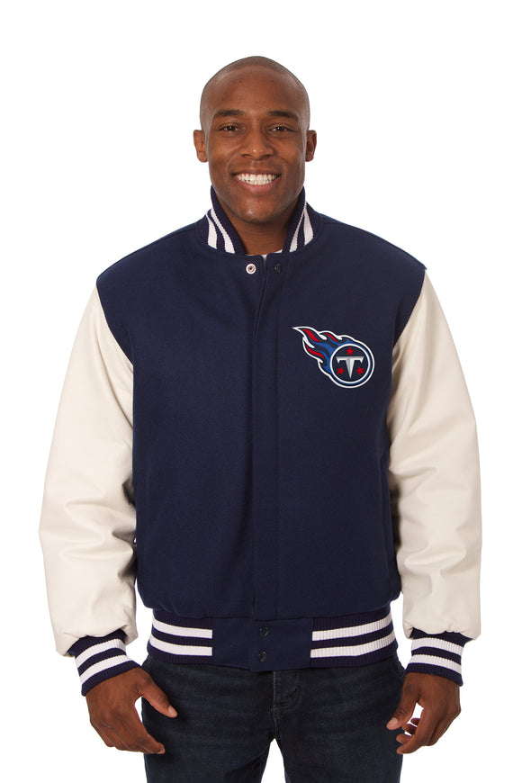 Tennessee Titans Two-Tone Wool and Leather Jacket-Navy/White - J.H. Sports Jackets
