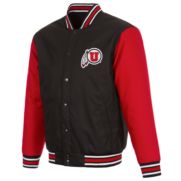Utah Utes Poly Twill Varsity Jacket - Black/Red - J.H. Sports Jackets