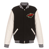 Minnesota Wild - JH Design Reversible Fleece Jacket with Faux Leather Sleeves - Black/White - J.H. Sports Jackets