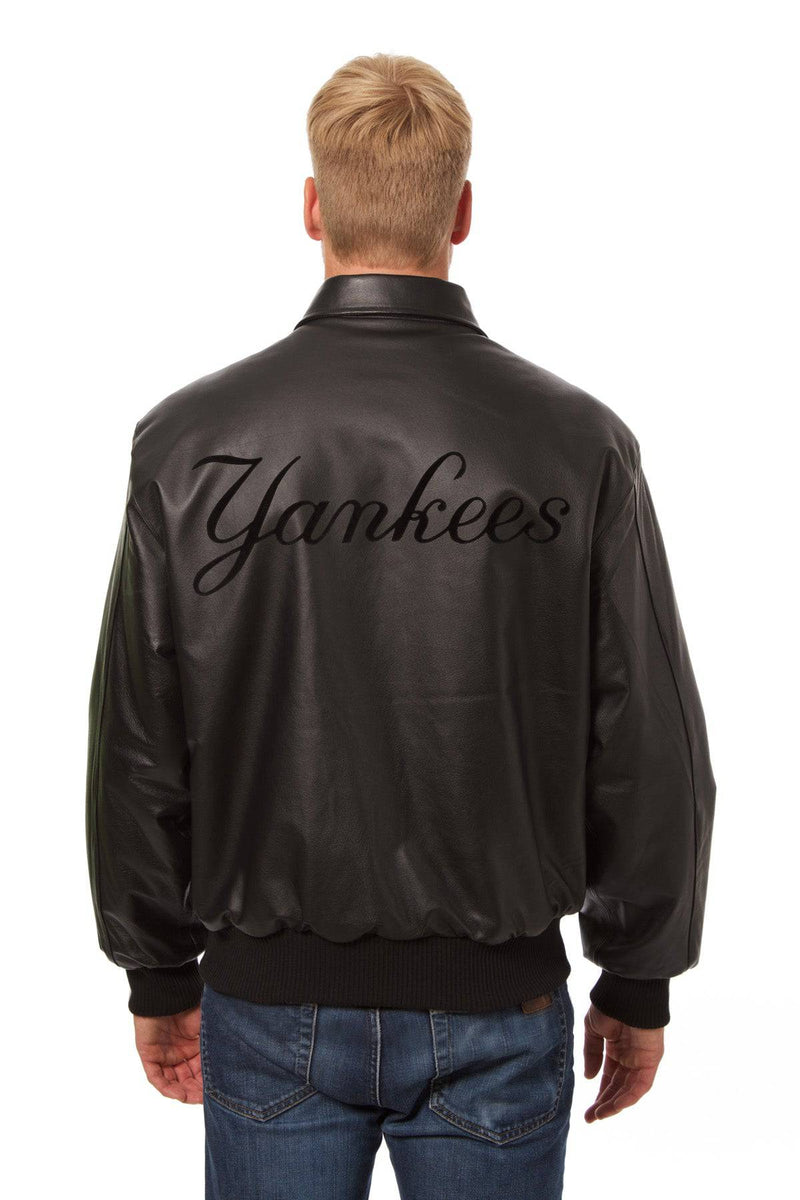 New York Yankees Full Leather Jacket - Black/Black | J.H. Sports