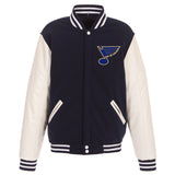 St. Louis Blues - JH Design Reversible Fleece Jacket with Faux Leather Sleeves - Navy/White - J.H. Sports Jackets