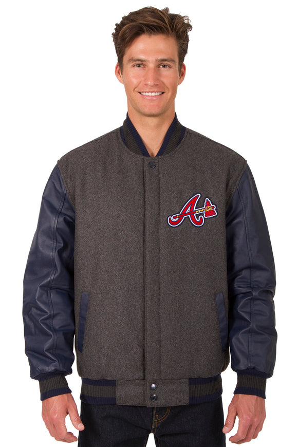 Atlanta Braves Wool & Leather Reversible Jacket w/ Embroidered Logos - Charcoal/Navy - J.H. Sports Jackets