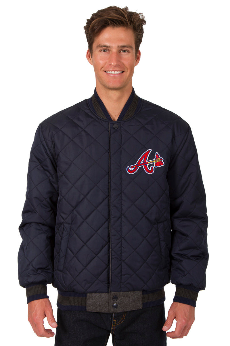 Atlanta Braves Wool & Leather Reversible Jacket w/ Embroidered Logos - Charcoal/Navy X-Large