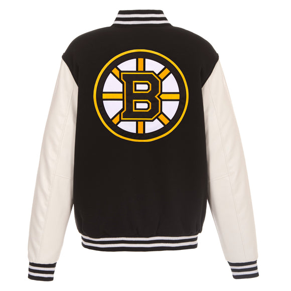 Boston Bruins - JH Design Reversible Fleece Jacket with Faux Leather Sleeves - Black/White - J.H. Sports Jackets