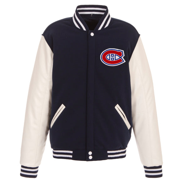 Montreal Canadiens JH Design Reversible Fleece Jacket with Faux Leather Sleeves - Navy/White - JH Design