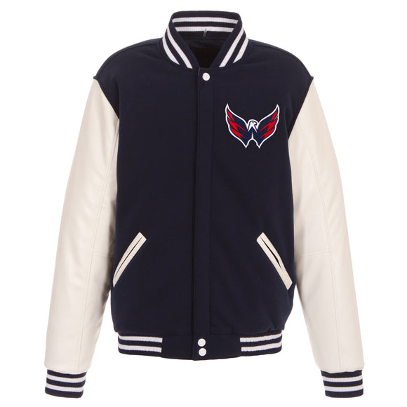 Washington Capitals JH Design Reversible Fleece Jacket with Faux Leather Sleeves - Navy/White - JH Design
