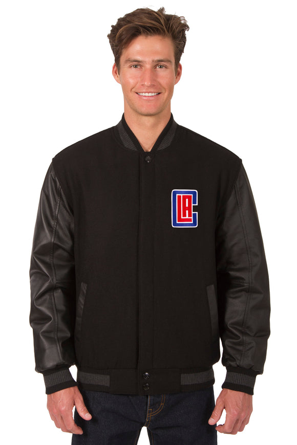 Los Angeles Clippers Wool & Leather Reversible Jacket w/ Embroidered Logos - Black - J.H. Sports Jackets