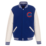 Chicago Cubs - JH Design Reversible Fleece Jacket with Faux Leather Sleeves - Royal/White - J.H. Sports Jackets