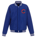 Chicago Cubs - JH Design Reversible Fleece Jacket with Faux Leather Sleeves - Royal/White - J.H. Sports Jackets