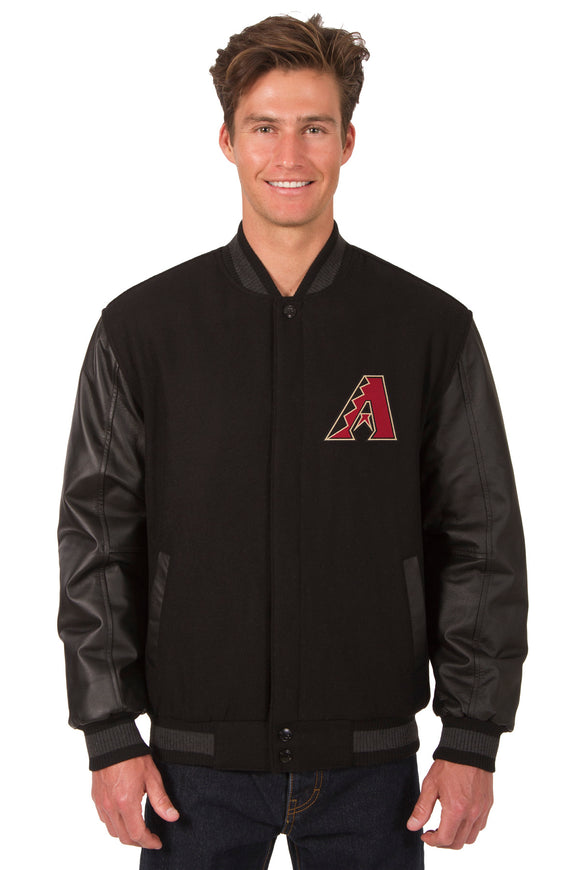 Arizona Diamondbacks Wool & Leather Reversible Jacket w/ Embroidered Logos - Black - J.H. Sports Jackets