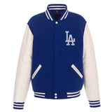 Los Angeles Dodgers - JH Design Reversible Fleece Jacket with Faux Leather Sleeves - Royal/White - J.H. Sports Jackets