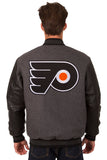 Philadelphia Flyers Wool & Leather Reversible Jacket w/ Embroidered Logos - Charcoal/Black - J.H. Sports Jackets