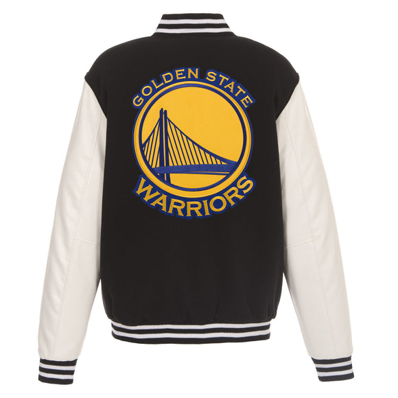 Golden State Warriors- JH Design Reversible Fleece Jacket with Faux Leather Sleeves - Black/White - J.H. Sports Jackets