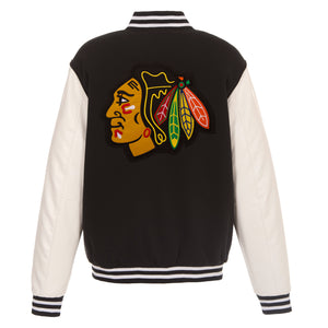 Chicago Blackhawks  - JH Design Reversible Fleece Jacket with Faux Leather Sleeves - Black/White - J.H. Sports Jackets
