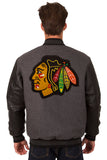 Chicago Blackhawks Wool & Leather Reversible Jacket w/ Embroidered Logos - Charcoal/Black - J.H. Sports Jackets