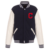 Cleveland Indians - JH Design Reversible Fleece Jacket with Faux Leather Sleeves - Navy/White - J.H. Sports Jackets