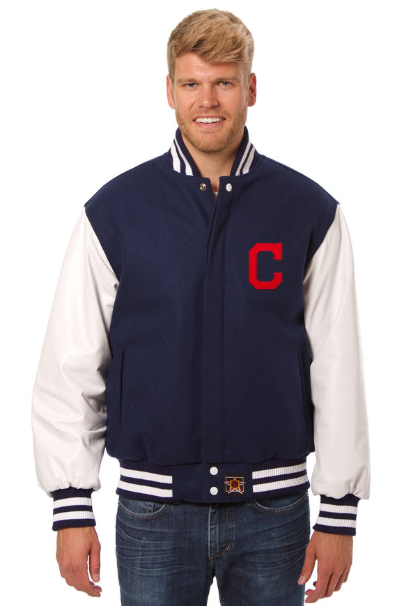 Cleveland Indians Two-Tone Wool and Leather Jacket - Navy - JH Design