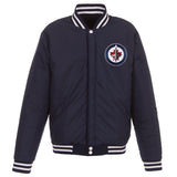 Winnipeg Jets JH Design Reversible Fleece Jacket with Faux Leather Sleeves - Navy/White - JH Design