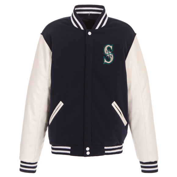 Seattle Mariners - JH Design Reversible Fleece Jacket with Faux Leather Sleeves - Navy/White - JH Design