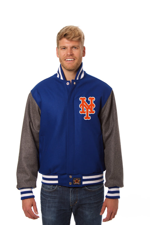 New York Mets Two-Tone Wool Jacket w/ Handcrafted Leather Logos - Royal/Gray - JH Design