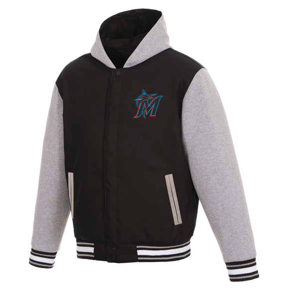 Miami Marlins Two-Tone Reversible Fleece Hooded Jacket - Black/Grey - JH Design